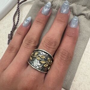 Hammered Sterling Silver Wide Band Ring w/ Gold Leaf Floral Detail